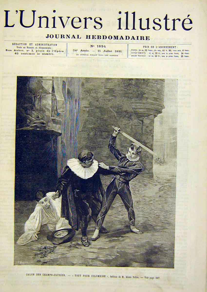 Original Old Antique Print Colombine Champs-Elysees Sketches French 1891 19th