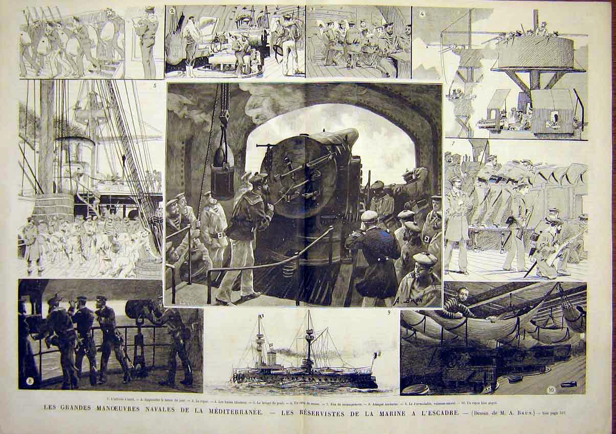 Original Old Antique Print Navy Manoeuvres Marine Ship Sailors French 1891 19th