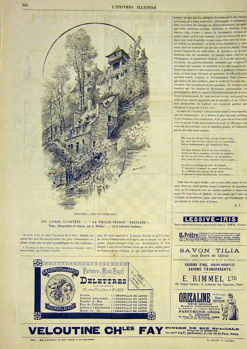Original Old Antique Print Fougeres Bretagne France Village French 1891 19th