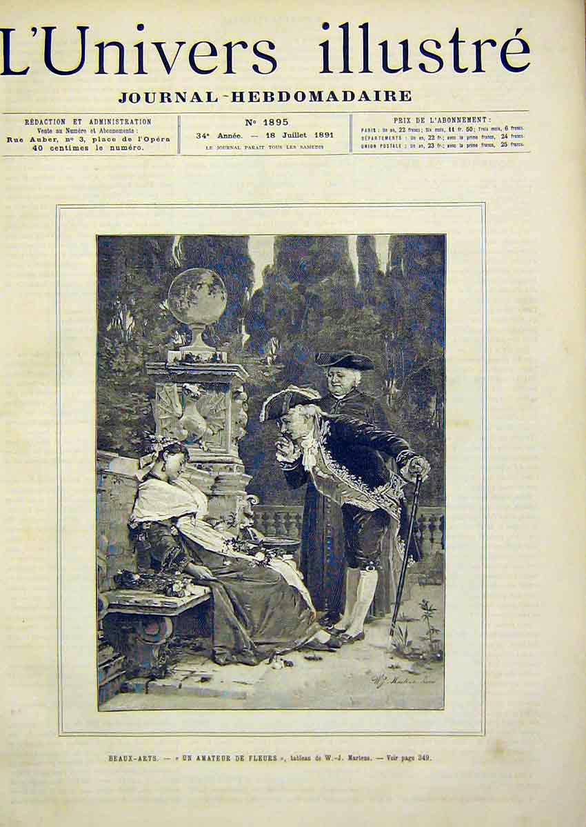 Original Old Antique Print Flowers Amateur Lady Bench Martens French 1891 19th