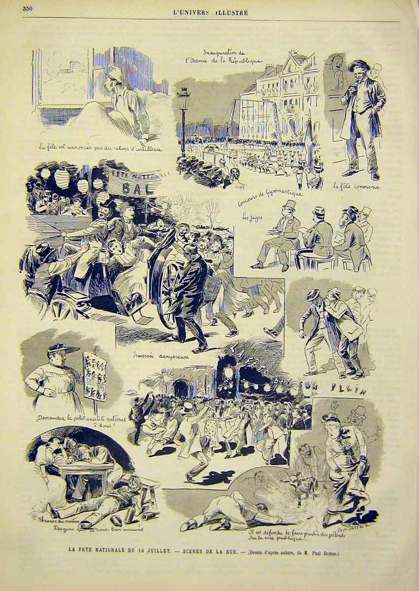 Original Old Antique Print Sketches Fete Street Scenes France French 1891 19th
