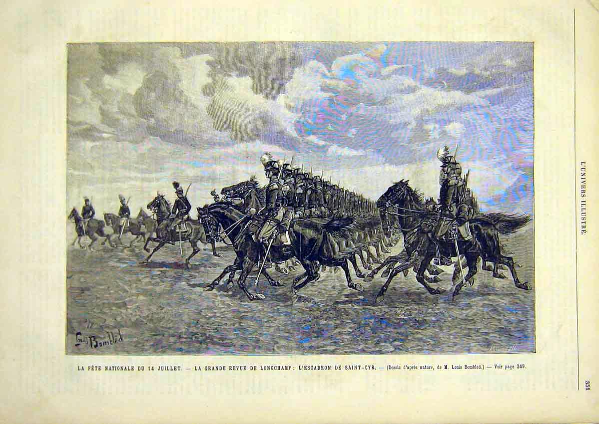 Original Old Antique Print Fete Review Longchamp Saint-Cyr French 1891 Victorian