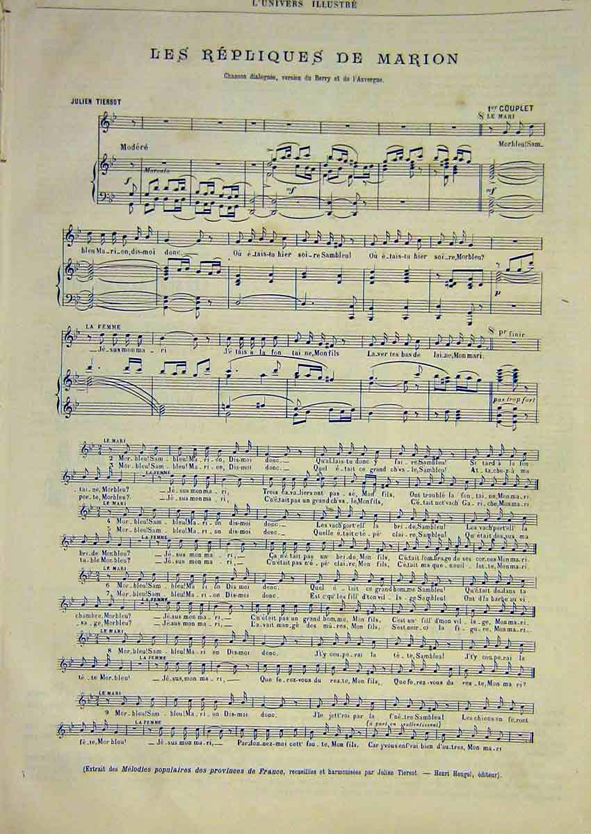 Original Old Antique Print Republiques Marion Music Score Tiersot French 1891