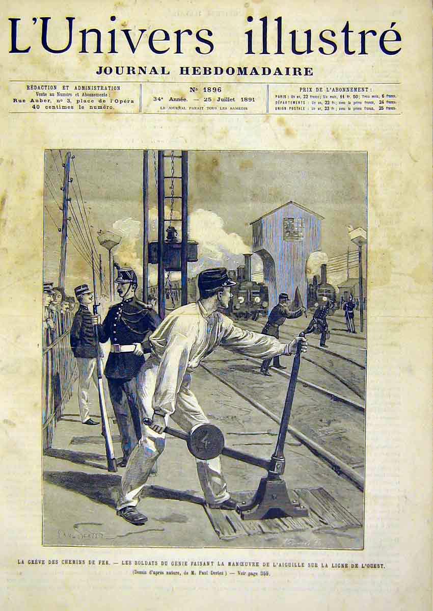 Original Old Antique Print War Siers Faisant Railway Train French 1891 Victorian