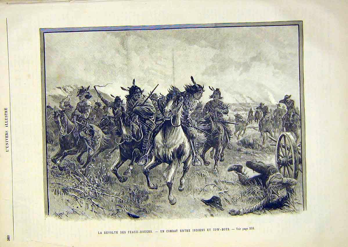 Original Old Antique Print Revolt Indian Cow-Boys America French 1891 Victorian
