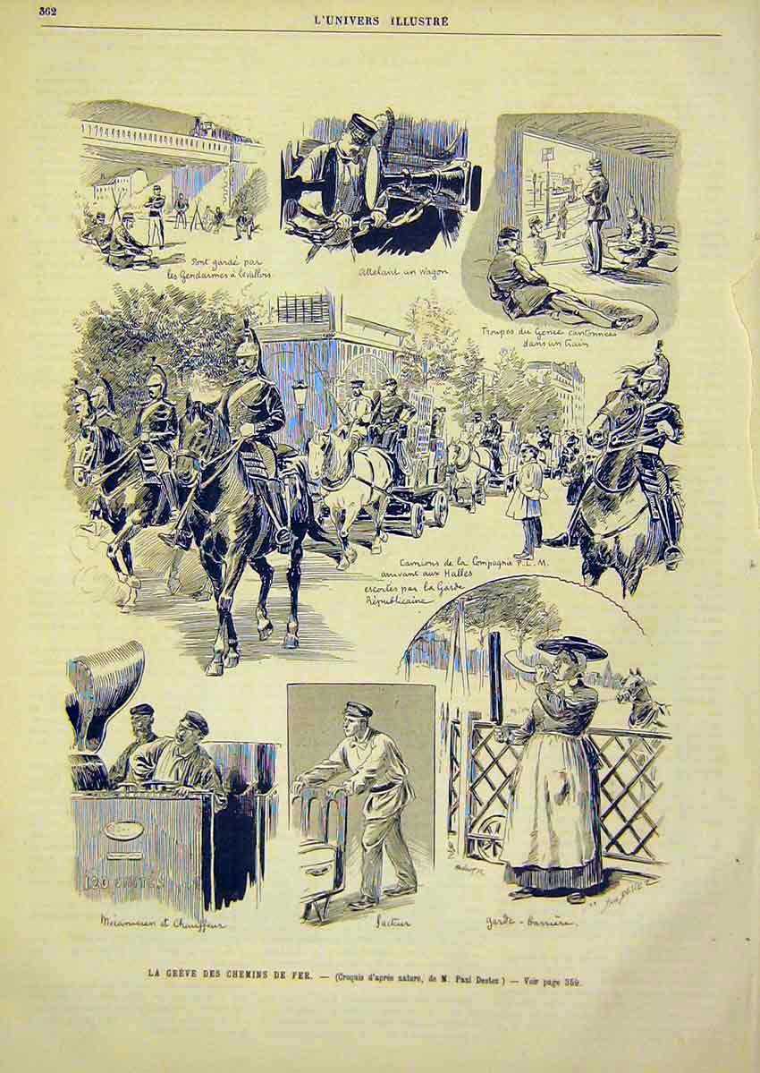 Original Old Antique Print Chemins De Fer Sketches Troops French 1891 Victorian