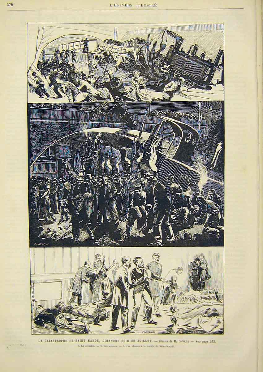 Original Old Antique Print Saint-Mande Railway Train French 1891 19th
