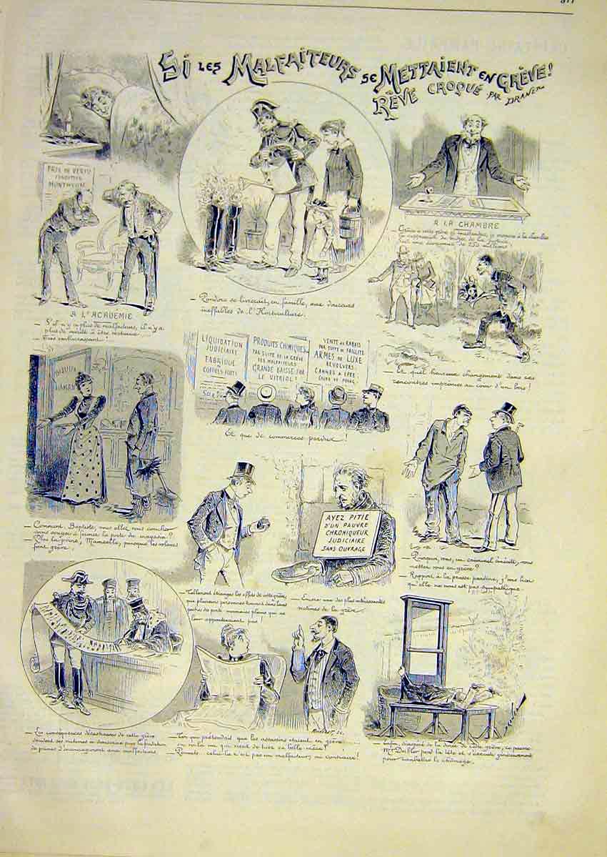 Original Old Antique Print Sketches Draner French 1891 19th Century