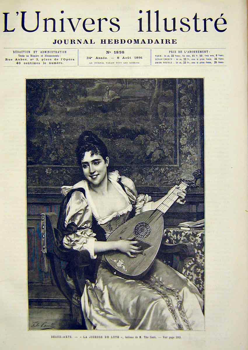 Original Old Antique Print Music Luth Conti Lady Sitar French 1891 Portrait 19th