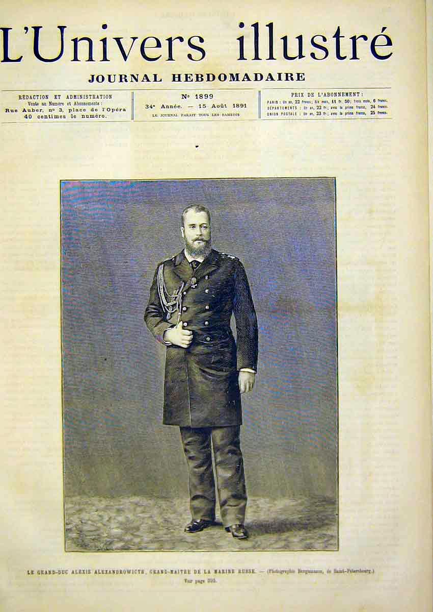 Old Antique Print Portrait Duke Alexis Alexandrowicth Russian Marine 1891 19th
