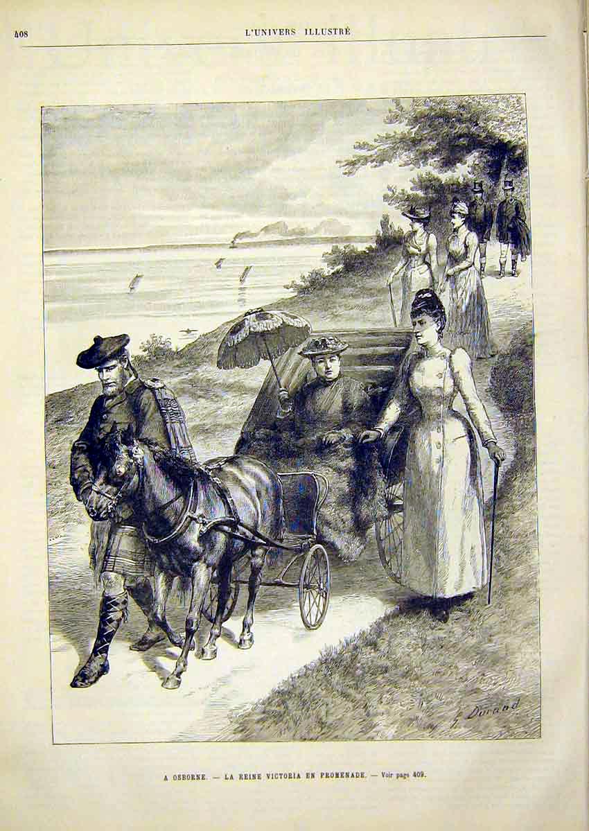 Original Old Antique Print Osborne Victoria Promenade Brown French 1891 19th