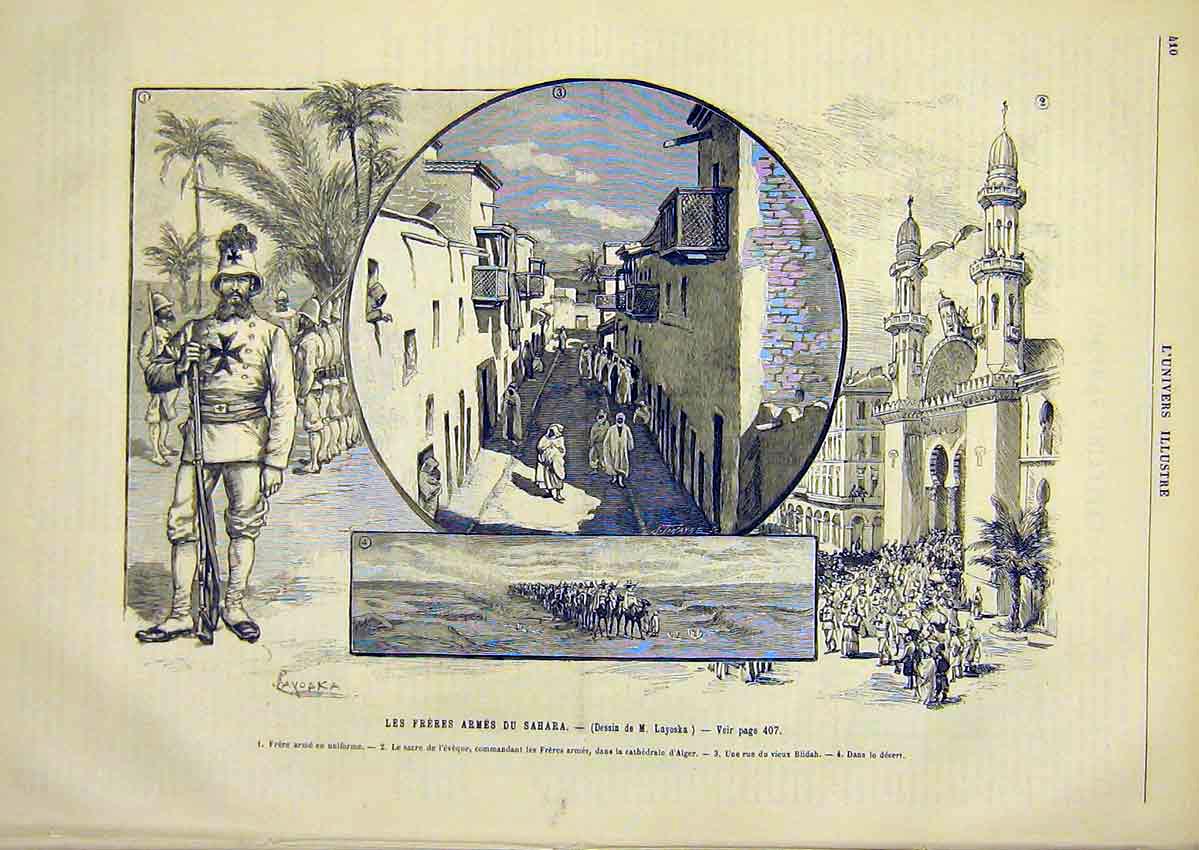 Original Old Antique Print Sahara Africa Army Troops Uniform French 1891 19th