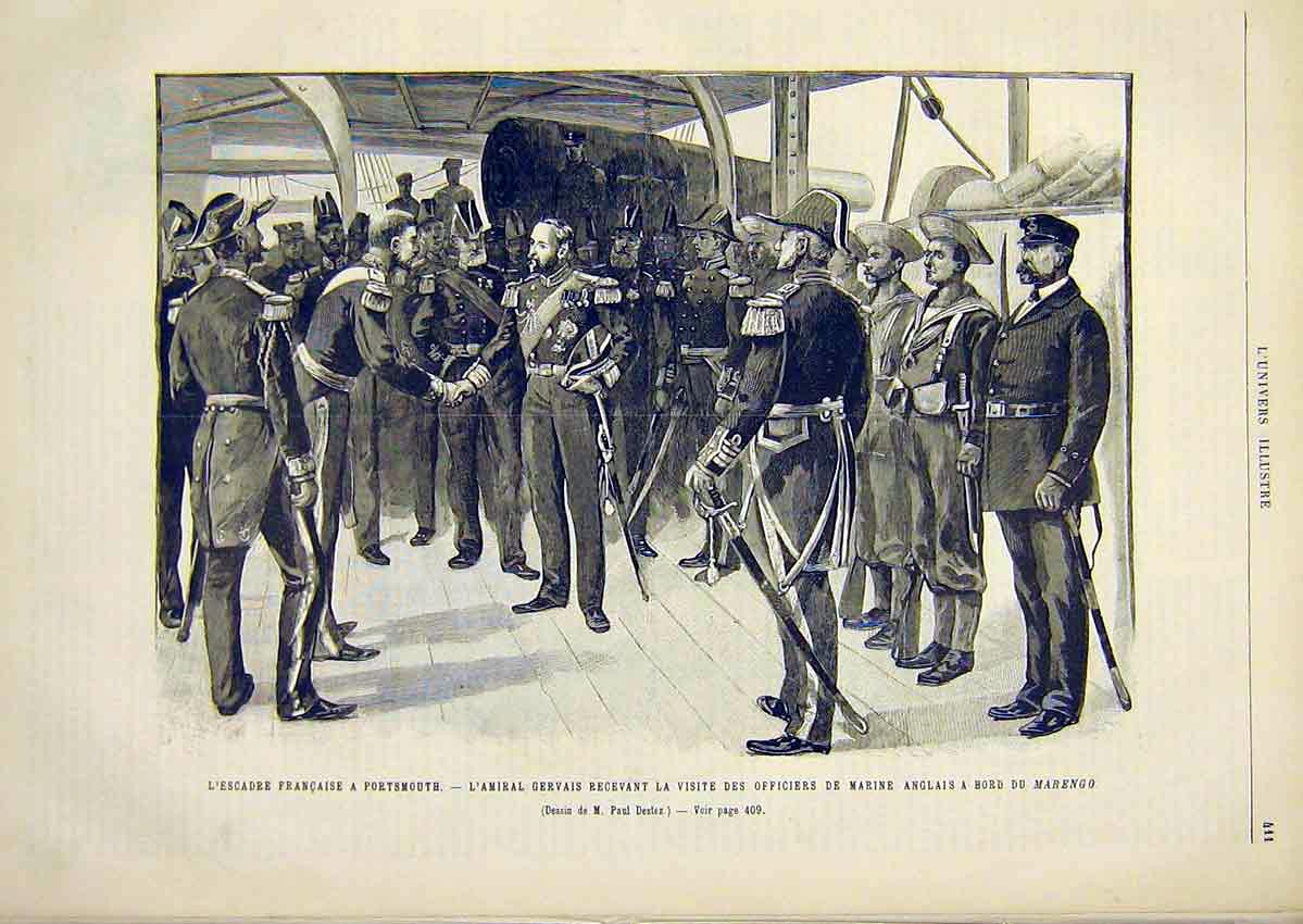 Original Old Antique Print Portsmouth Gervais Marine Marengo French 1891 19th