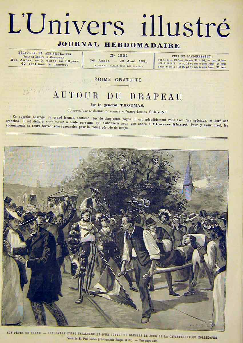 Original Old Antique Print Berne Zollikofen Fete Switzerland French 1891 19th
