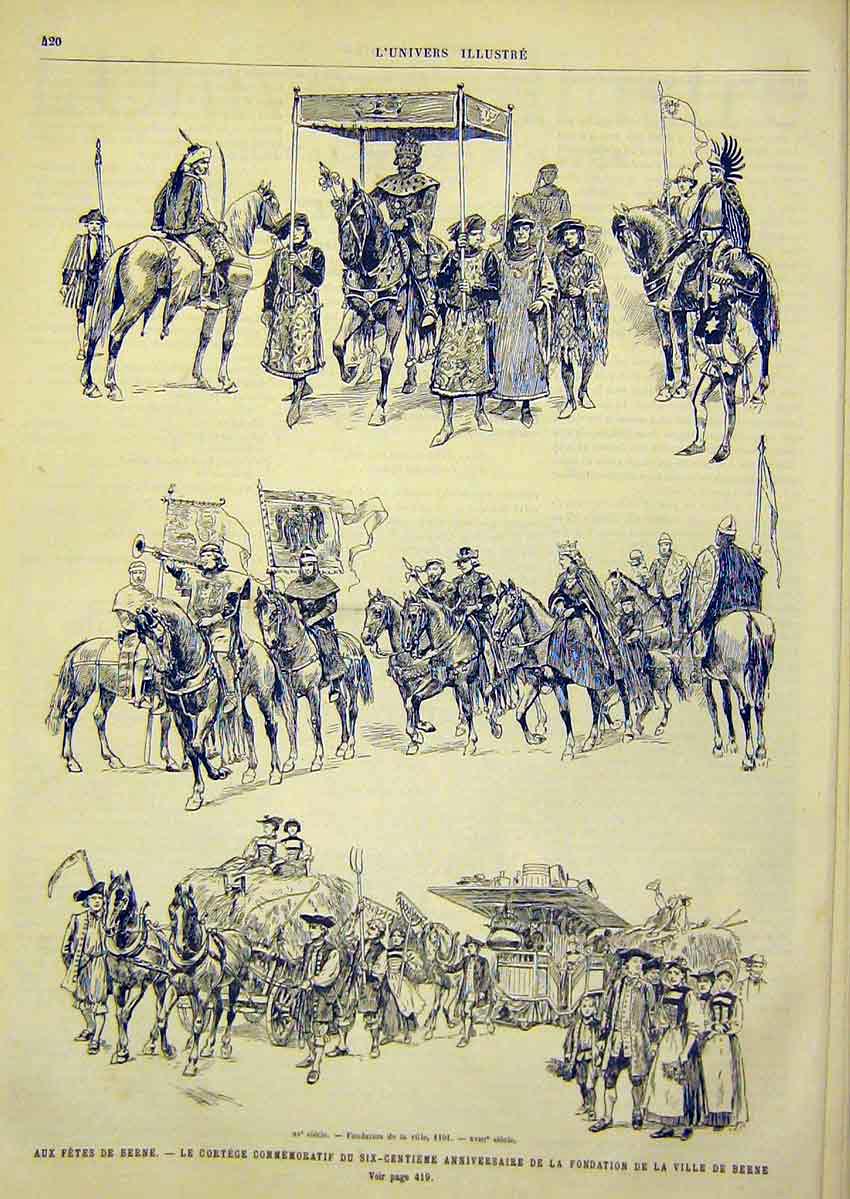 Original Old Antique Print Fete Berne Switzerland Village Procession 1891 19th