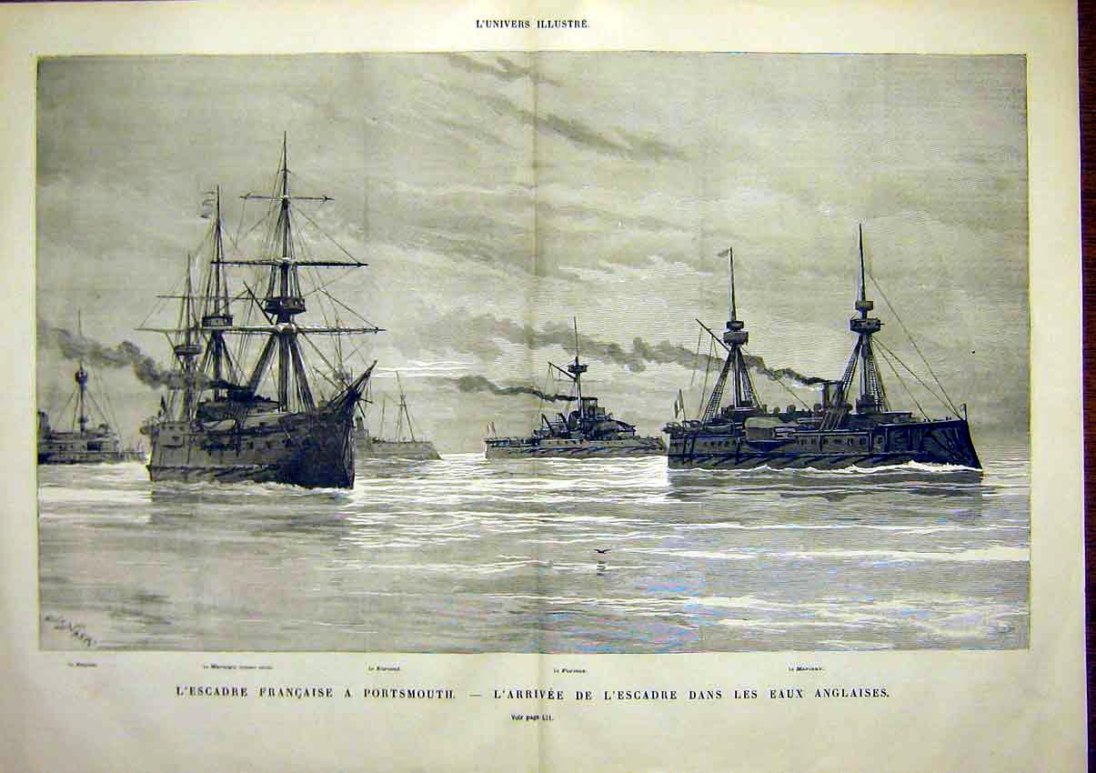 Original Old Antique Print Portsmouth French Fleet Marceau Furieux Ships 1891