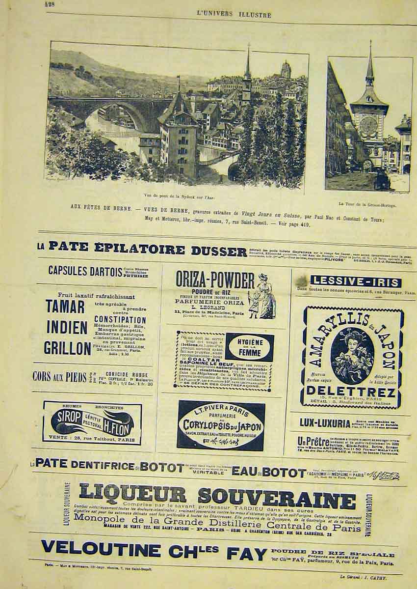 Original Old Antique Print Berne Switzerland Nydeck View French 1891 Advert 19th