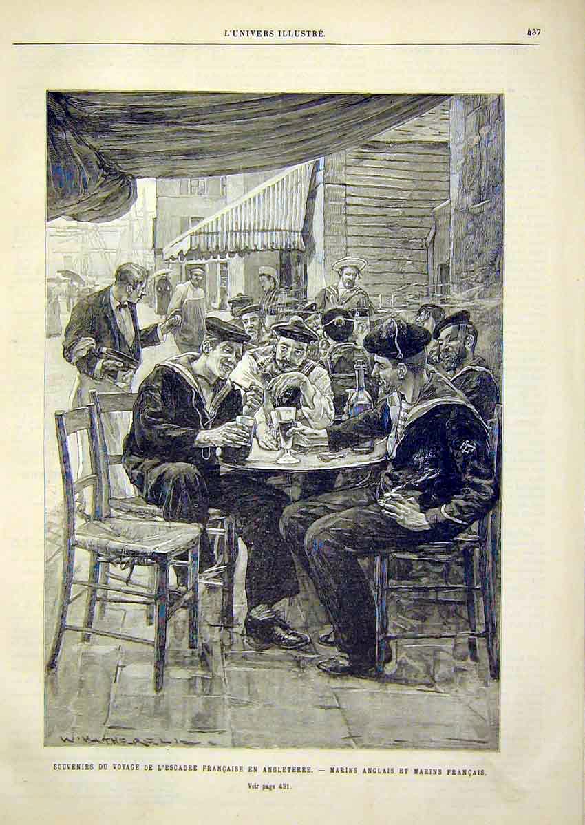 Original Old Antique Print French Sailors English Marines French 1891 Victorian