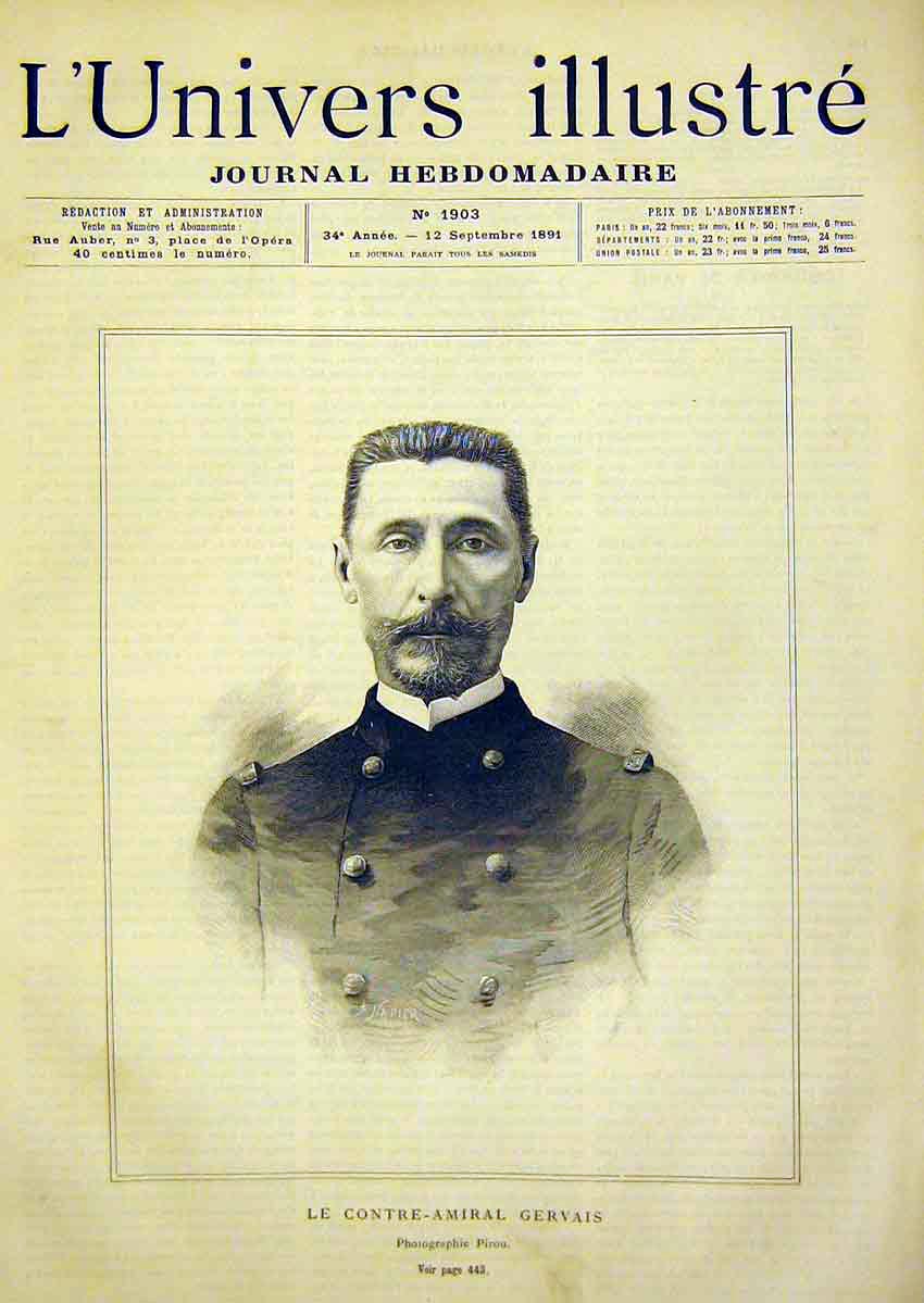 Original Old Antique Print Portrait Contre-Amiral Gervais French 1891 Victorian