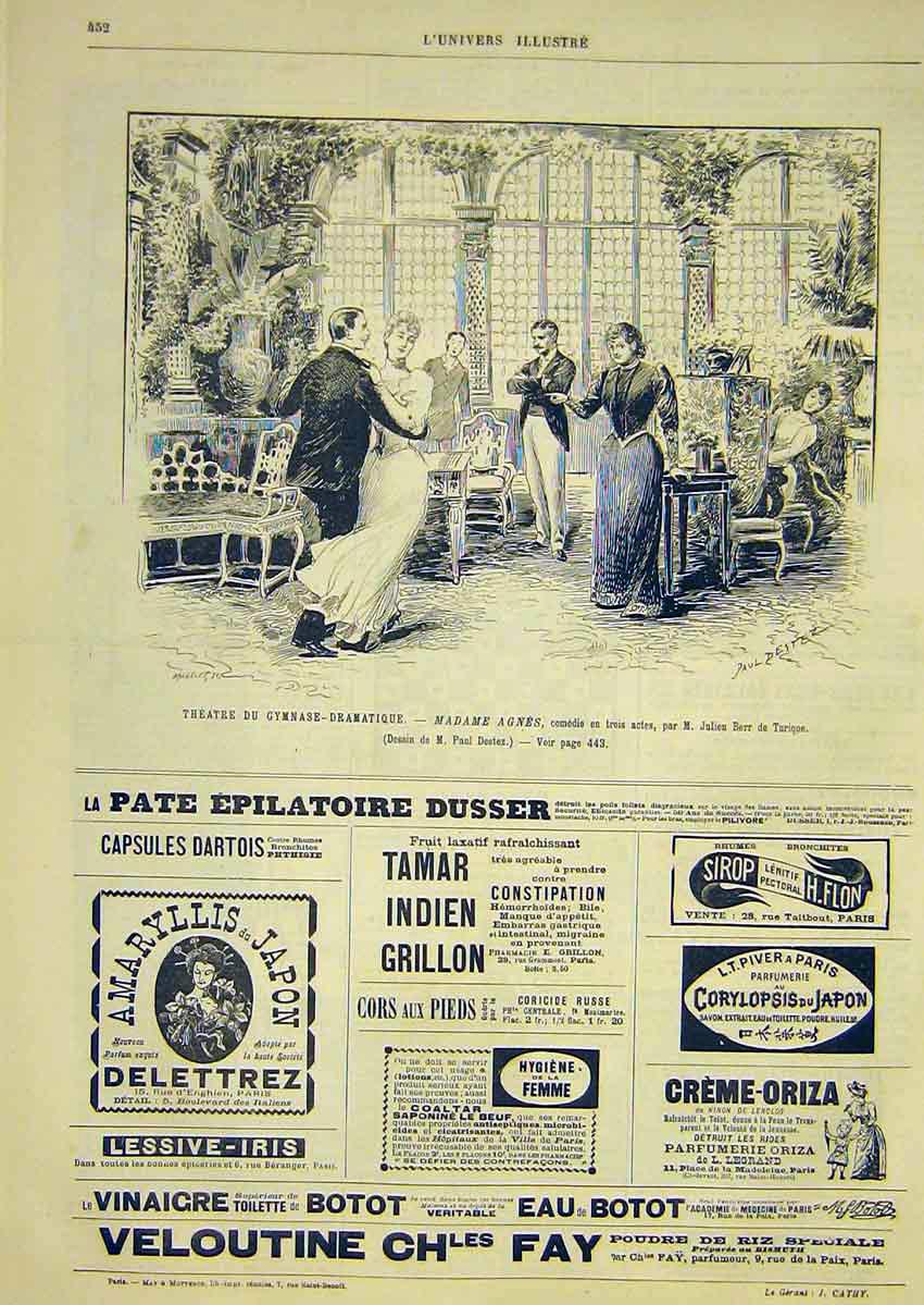 Original Old Antique Print Theatre Drama Agnes Turique Destez French 1891 19th