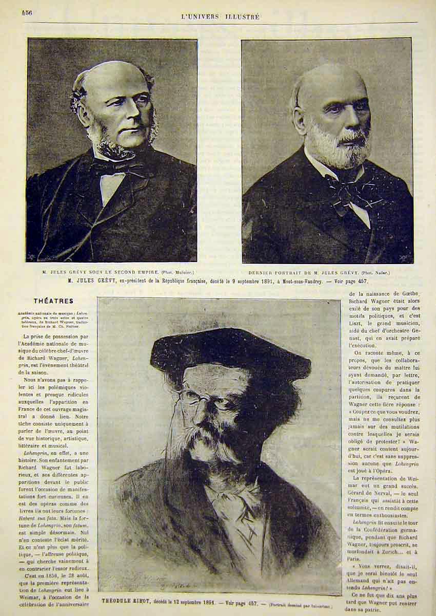 Original Old Antique Print Portrait French Republic Ribot Grevy 1891 Victorian