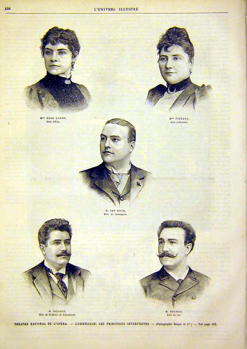 Original Old Antique Print Portrait Caron Fierens Dyck Renaud Delmas 1891 19th
