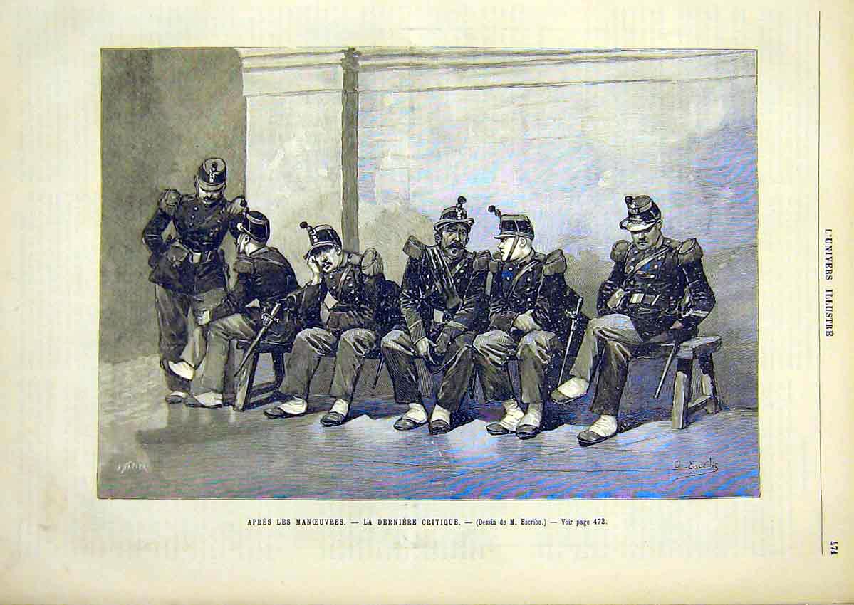 Original Old Antique Print Military Manoeuvres Derniere Critique French 1891