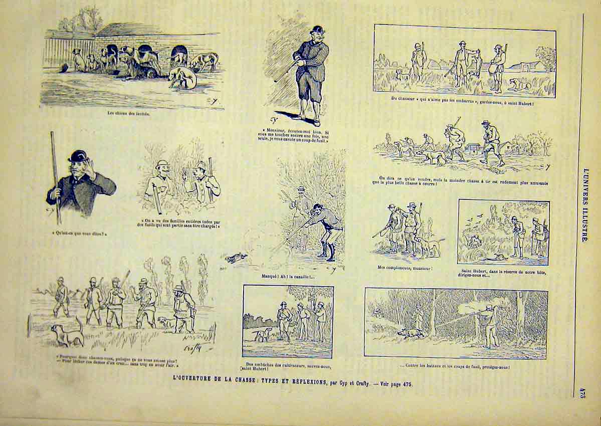 Original Old Antique Print Hunt Sketches Pig Dog French 1891 19th