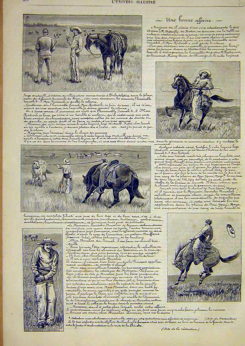 Original Old Antique Print Cowboy Philadelphia Horse French 1891 19th