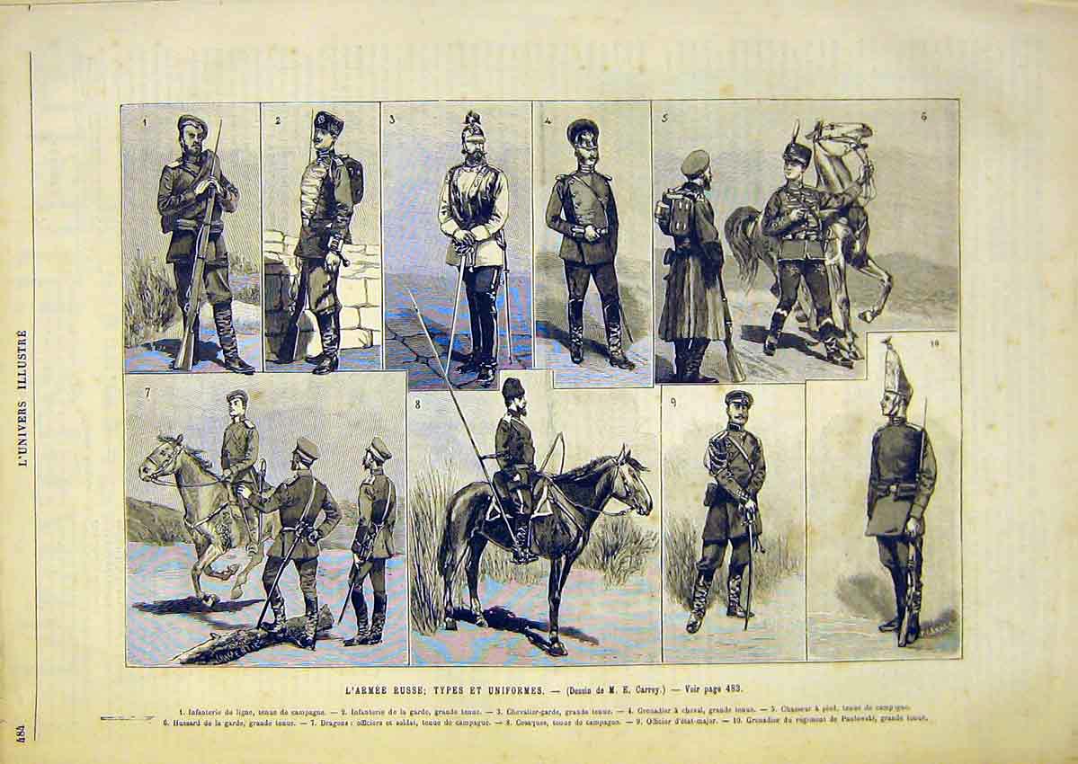 Original Old Antique Print Russian Army Troops Uniform Military French 1891 19th