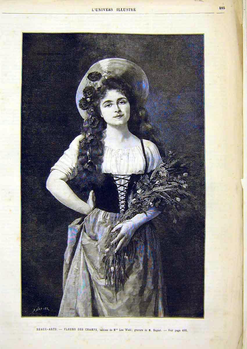 Original Old Antique Print Portrait Lady Flowers Wahl Napier French 1891 19th