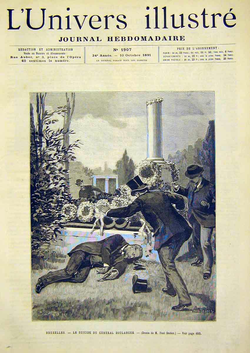 Original Old Antique Print Brusells General Boulanger Suicide French 1891 19th