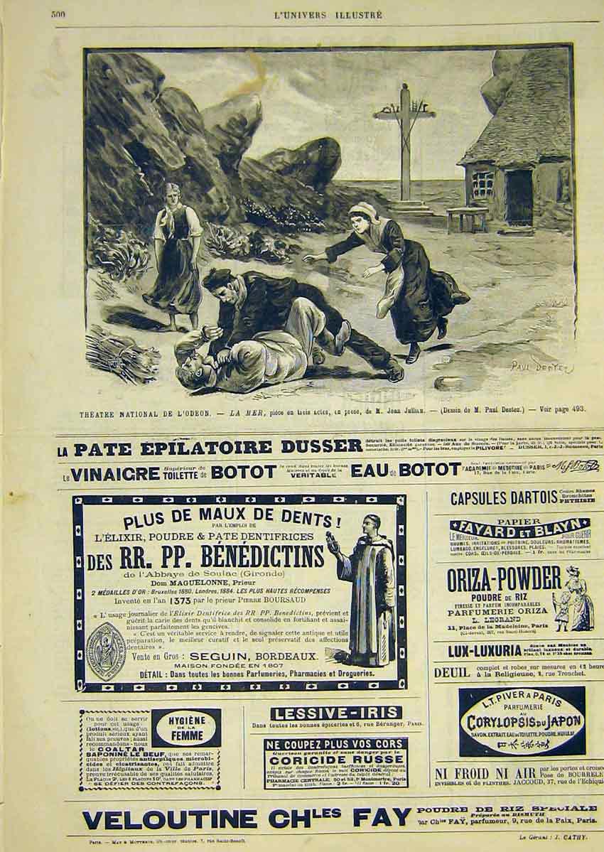 Original Old Antique Print Theatre Odeon Sea Mer Jullien Destez French 1891 19th