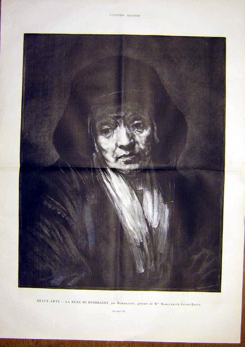 Original Old Antique Print Rembrandt Mother Jacob-Bazin Portrait French 1891