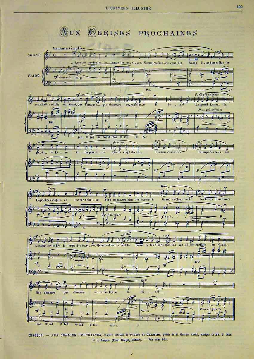 Old Antique Print French Music Score Sheet Cerises Prochaines Auriol 1891 19th