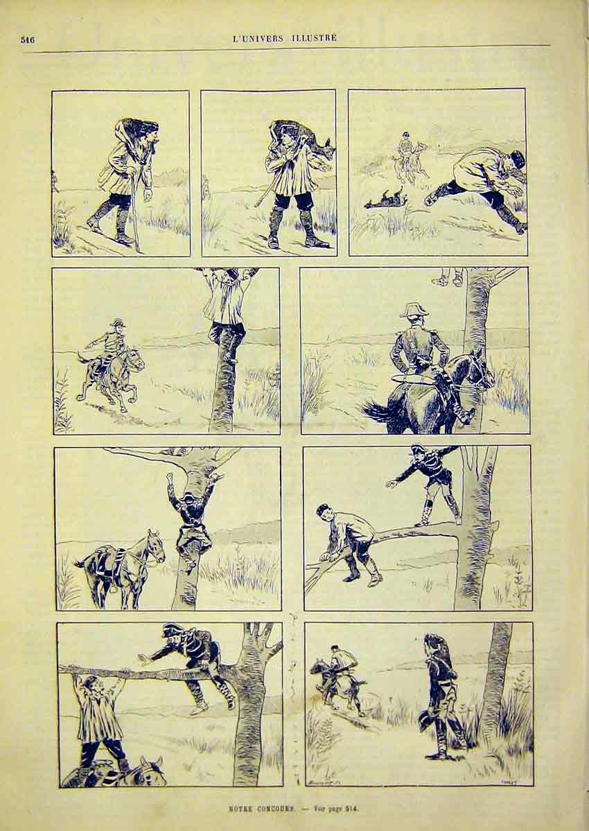 Original Old Antique Print Sketches Poacher Sier Story French 1891 Victorian