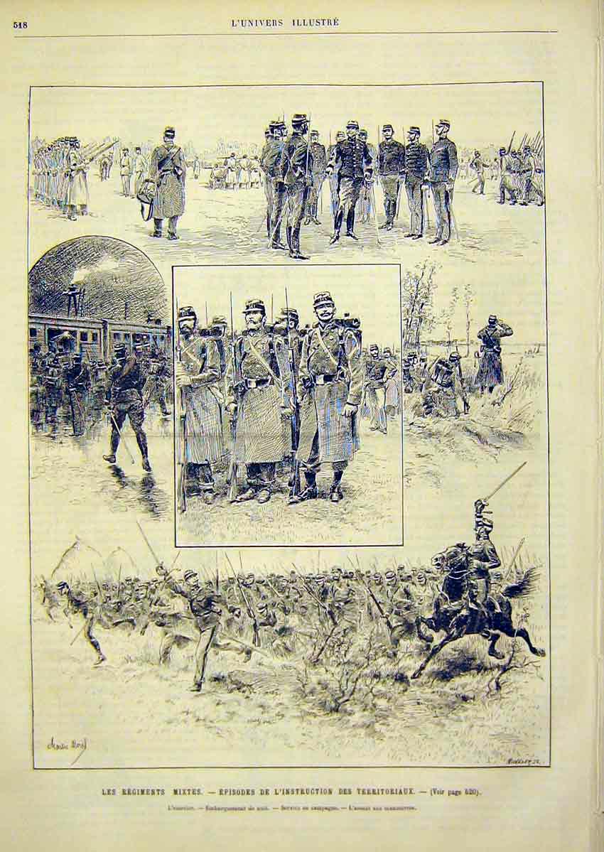 Original Old Antique Print Regiment Military Troops Army French 1891 Victorian