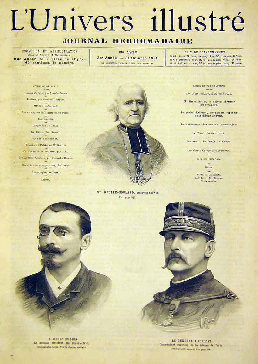 Original Old Antique Print Portrait Gouthe-Solard Roujon Ladvocat 1891 Victorian