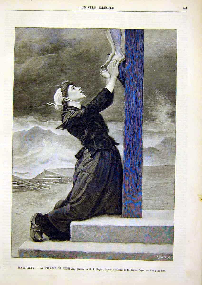 Original Old Antique Print Fiance Pecheur Portrait Lady Crucifix French 1891