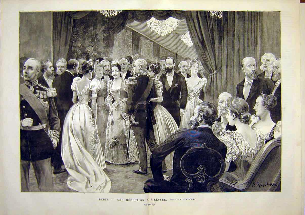 Original Old Antique Print Pairs Elysees Rejchan Reception French 1891 19th