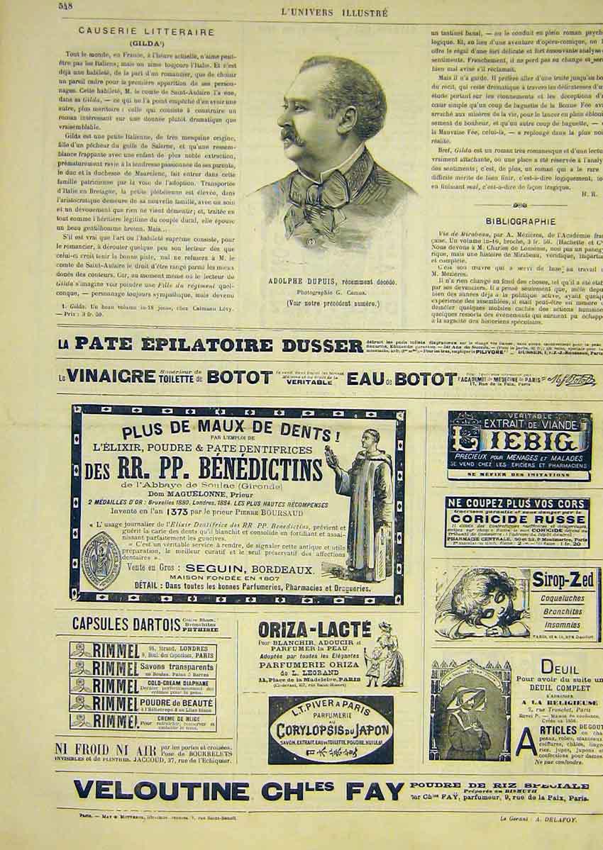 Original Old Antique Print Portrait Adolphe Dupuis French 1891 19th