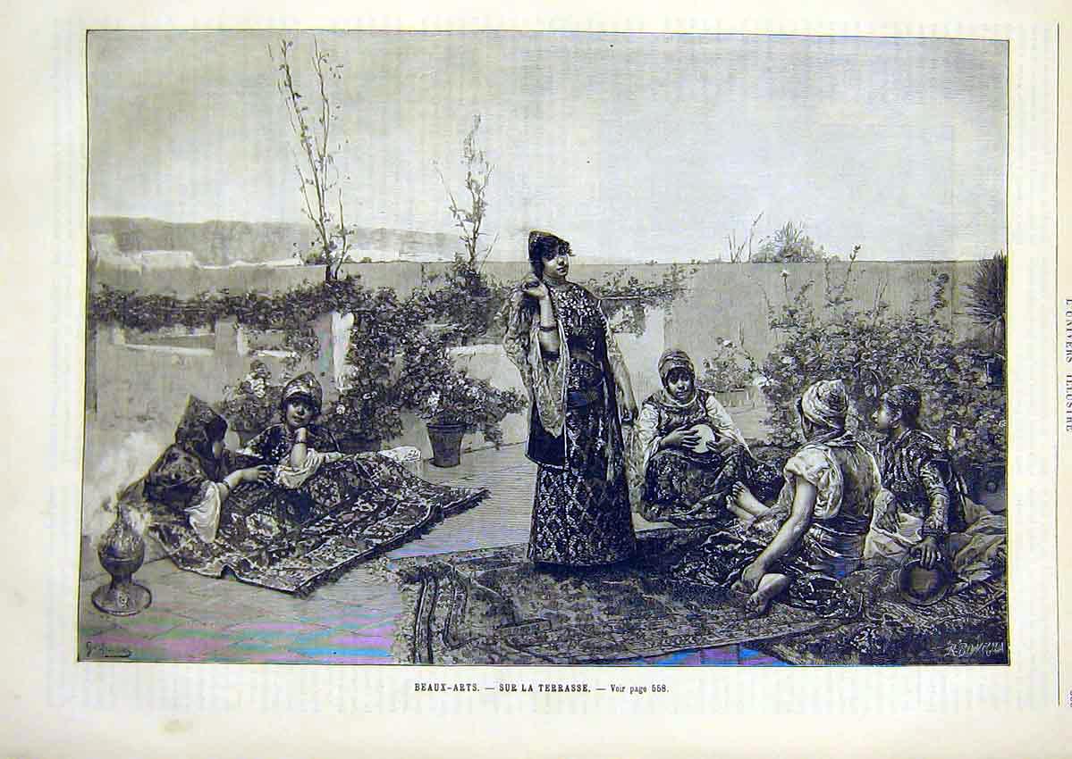 Original Old Antique Print Terrace Ladies Carpet Fine Art French 1891 Victorian