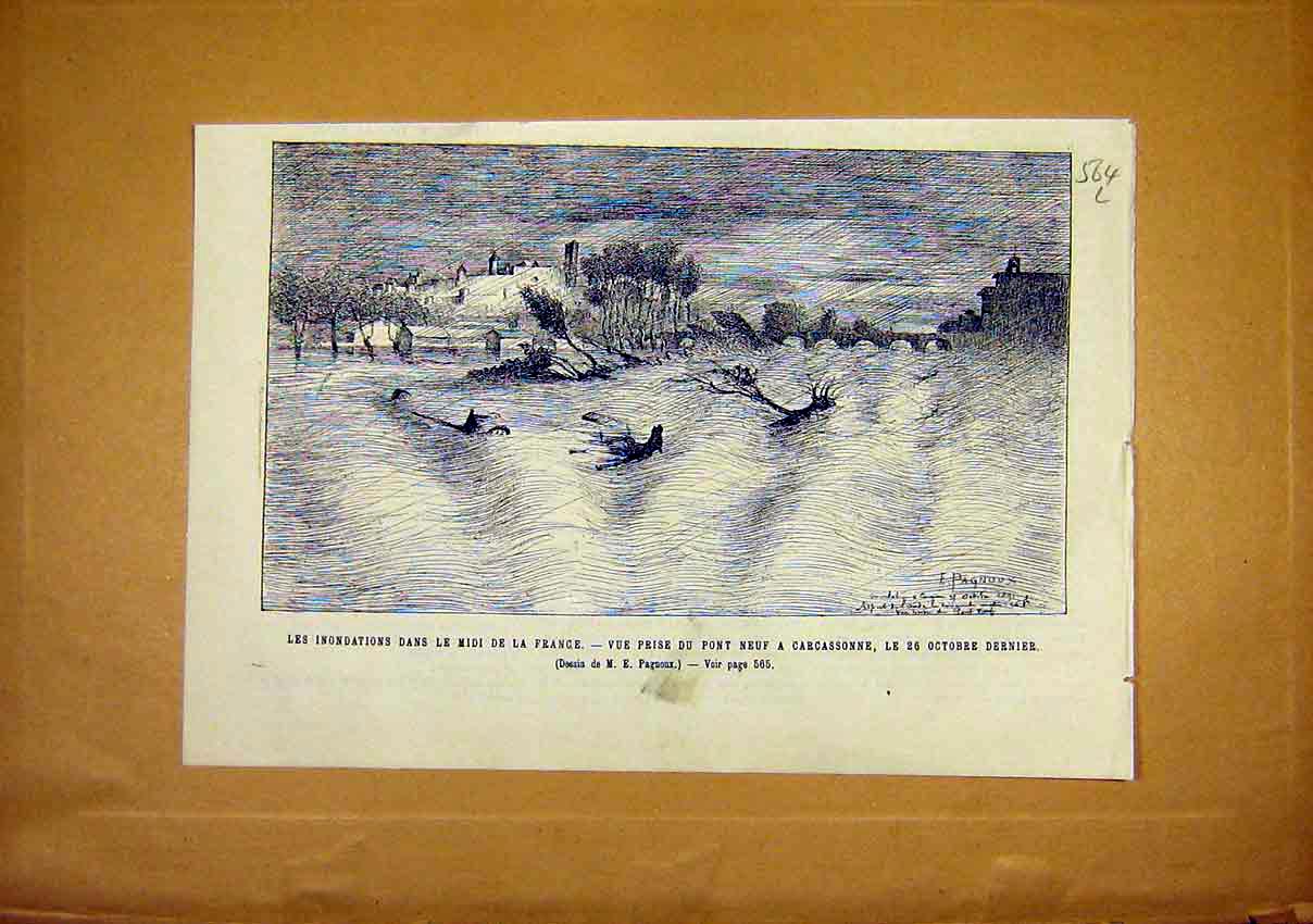 Original Old Antique Print Floods France Carasonne Nine Bridge Pont Neuf 1891