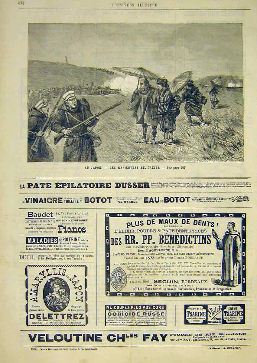 Original Old Antique Print Military Manoeuvres Japan French 1891 War Victorian