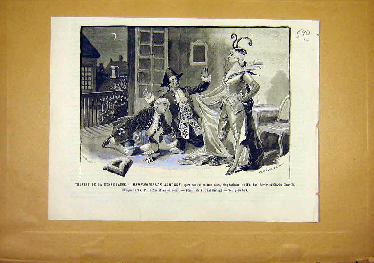 Original Old Antique Print Theatre Renaissance Asmodee Ferrier French 1891 19th