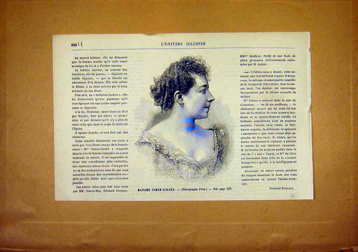Original Old Antique Print Portrait Simon-Girard Lady French 1891 Victorian