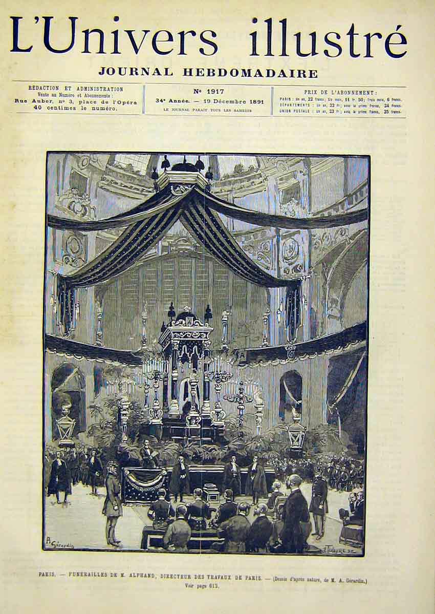Original Old Antique Print Paris Funeral Alphand French 1891 France Victorian