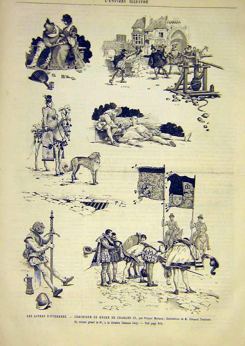 Original Old Antique Print Sketches Etrennes King Charles Toudouze French 1891