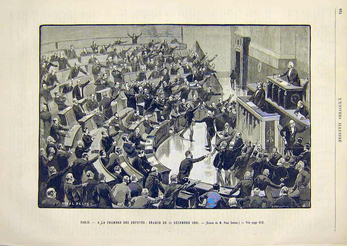 Original Old Antique Print Paris Deputy Office Meeting Destez French 1891 19th