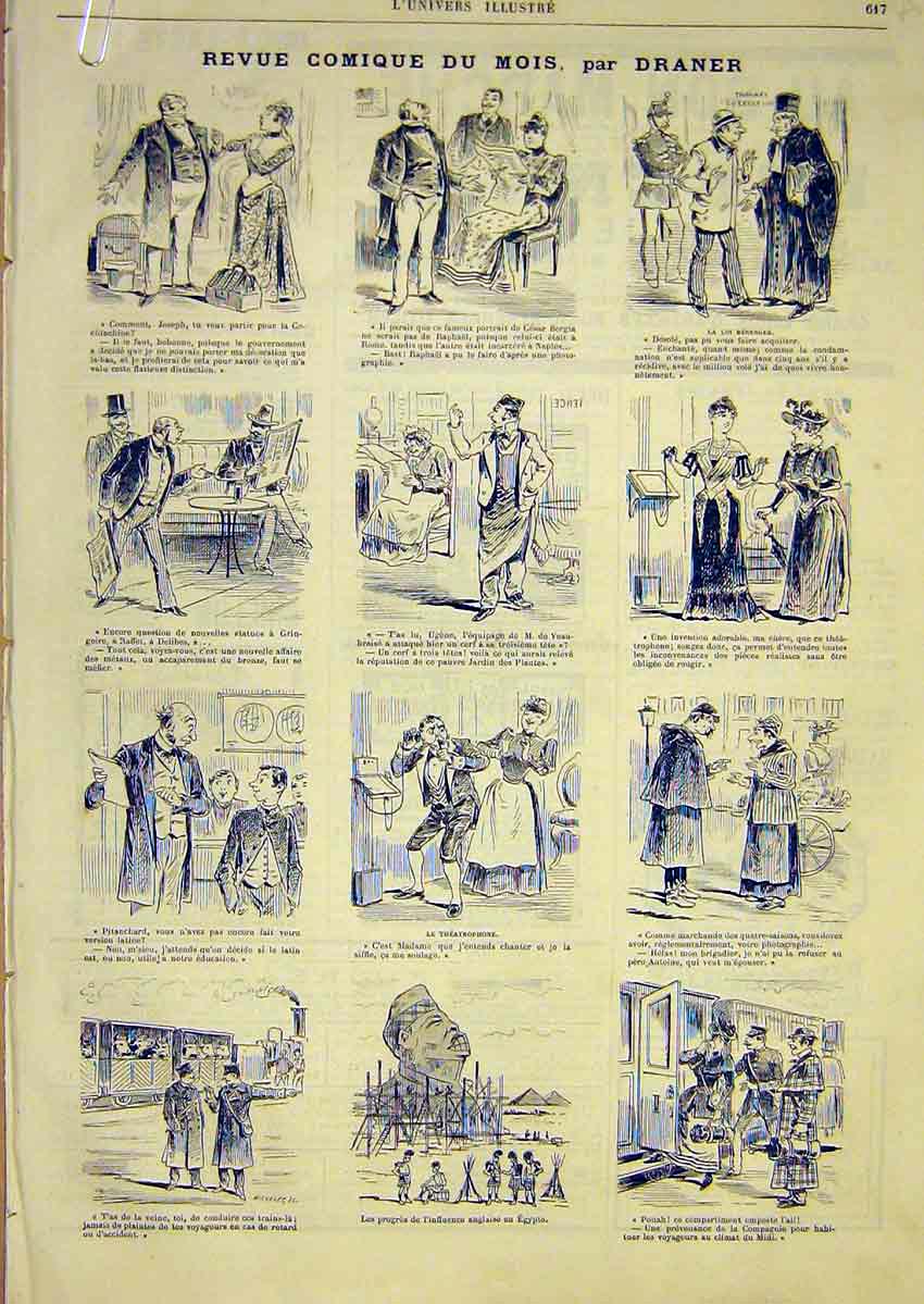 Original Old Antique Print Comic Review Sketches Draner French 1891 Victorian